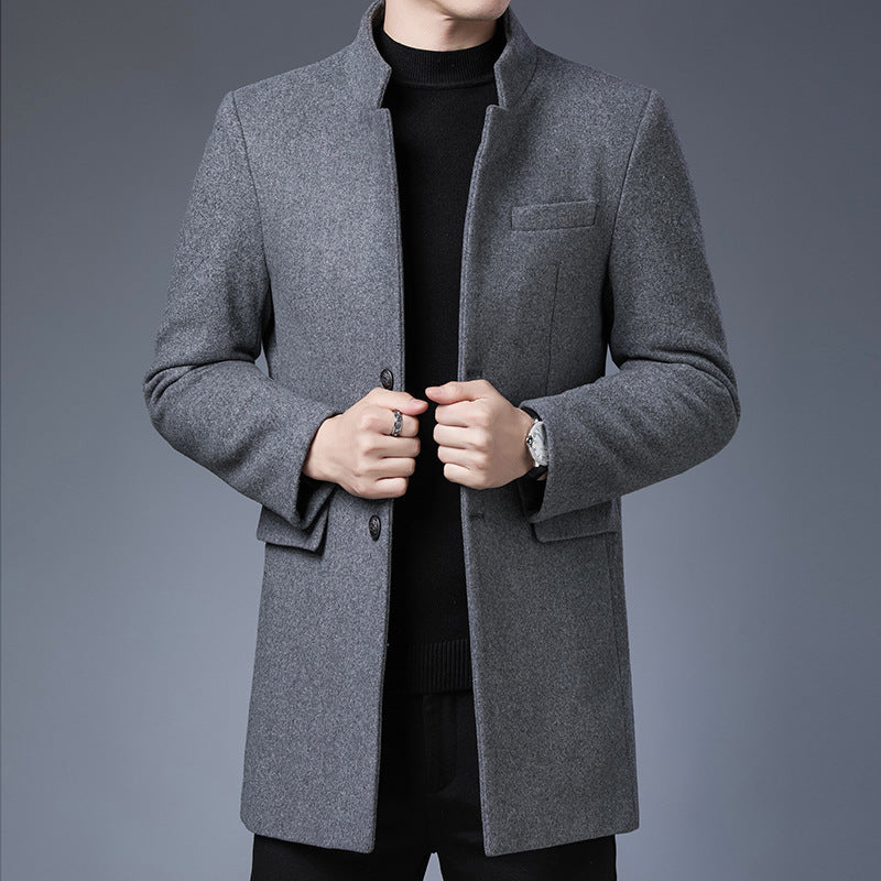 Men’s Mid-Length Coat – Slim Fit – Wool Blend – Stand Collar – Button-Up Formal Style