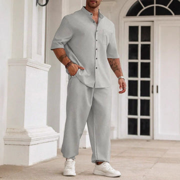 Men’s Casual Set – Cotton Linen Blend – Relaxed Fit – Button-Down Shirt & Trousers