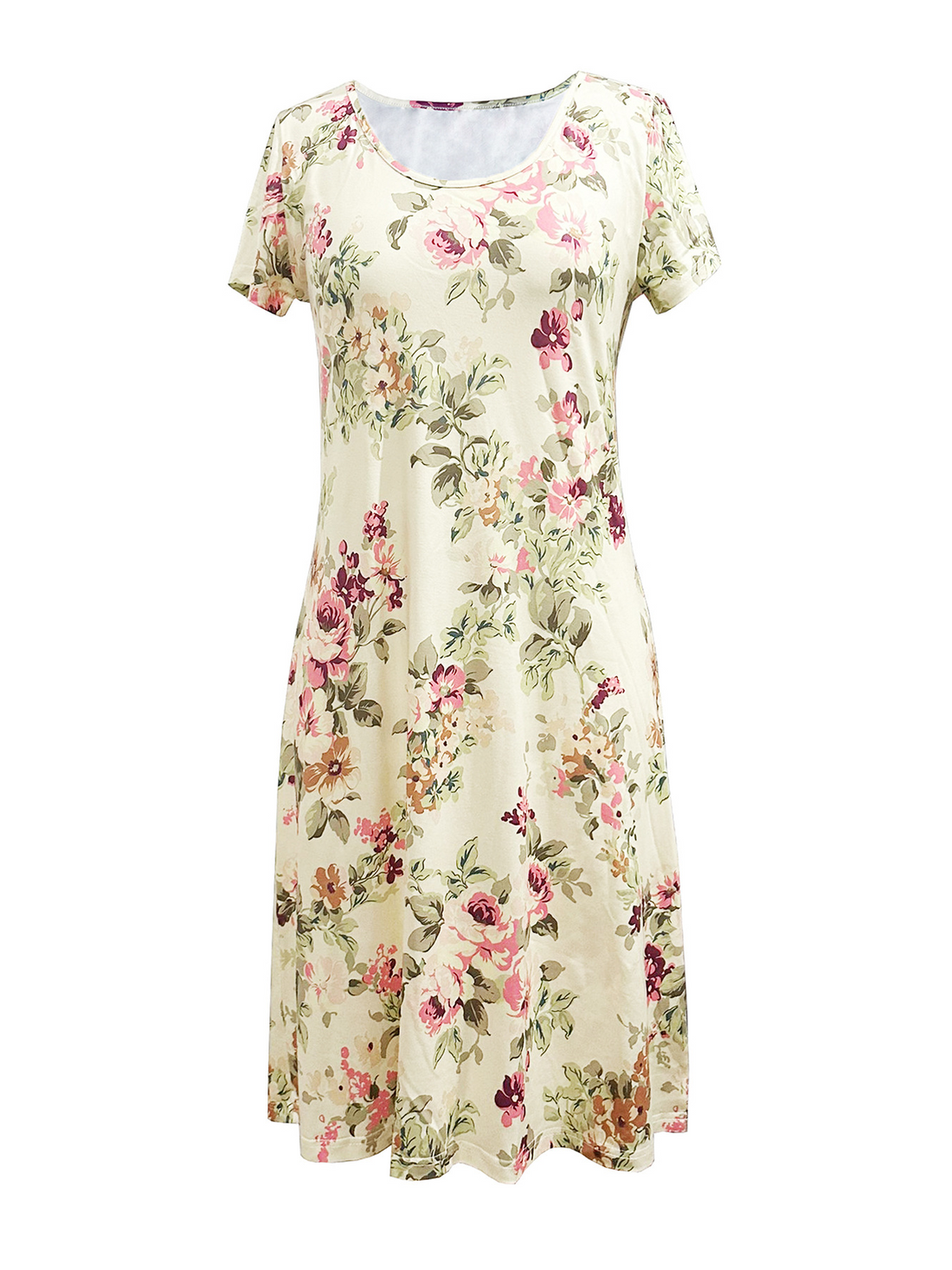 Women's Midi Dress - Floral Print - Short Sleeve - Round Neck - Flowy Lightweight Fit