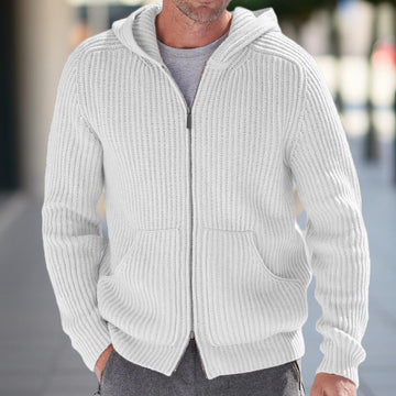 Men’s Knit Cardigan – Hooded – Relaxed Fit – Zipper Front – Ribbed Texture – Casual