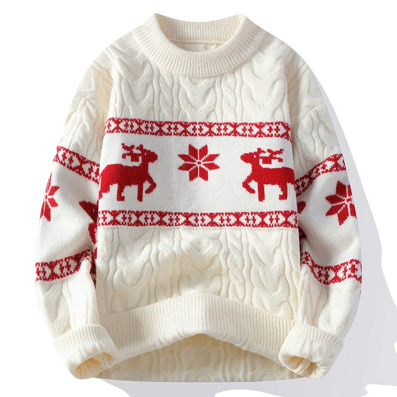 Men’s Knitted Sweater – Wool Blend – Relaxed Fit – Cable Knit with Reindeer Design