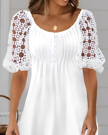 Women's Lace Dress - Button Down - Puff Sleeve - Elegant Casual Fit