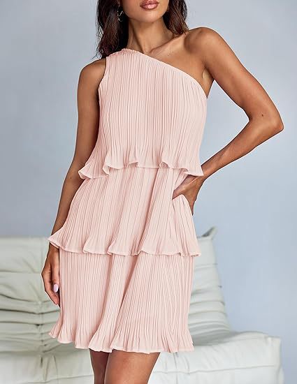 Women's Pleated One-Shoulder Dress - Ruffle Layered Design