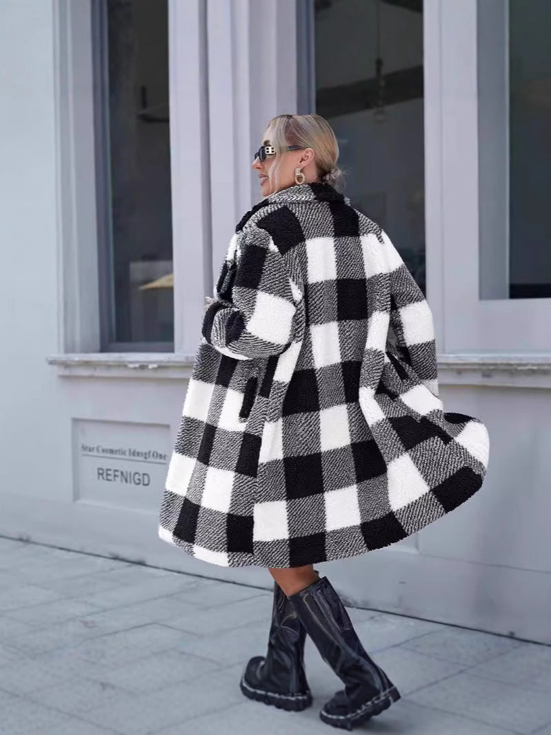 Women’s Long Jacket Coat – Oversized Fit – Sherpa Texture – Plaid Pattern – Lapel Collar