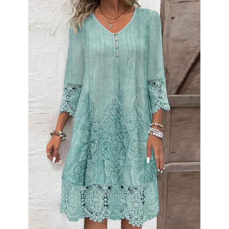 Women's V-Neck Dress - Embroidered Cotton Blend - Lace Trim - 3/4 Sleeve Loose Fit