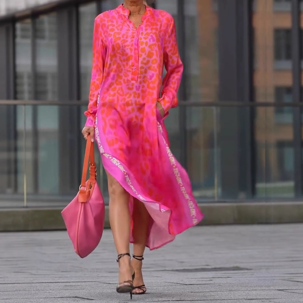 Women’s Midi Dress – Relaxed Fit – V-Neck – Long Sleeve – Animal Print – Pockets