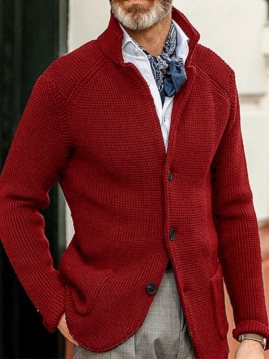 Men’s Cardigan – Slim Fit Textured Knit – Stand Collar – Raglan Sleeves – Patch Pockets