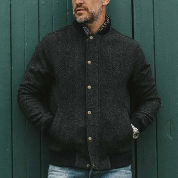 Men’s Bomber Jacket – Wool Blend – Relaxed Fit – Ribbed Trim – Button Front Casual Wear