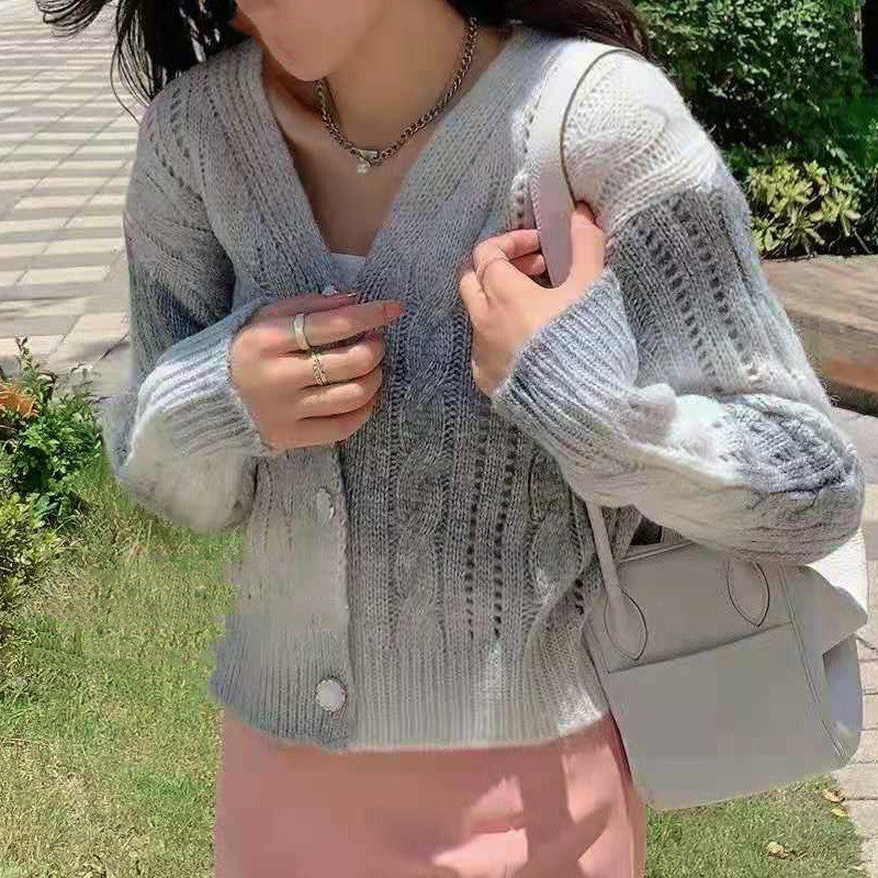 Women’s Knitted Cardigan – Relaxed Fit – Cable Knit – Voluminous Sleeves – Button Front