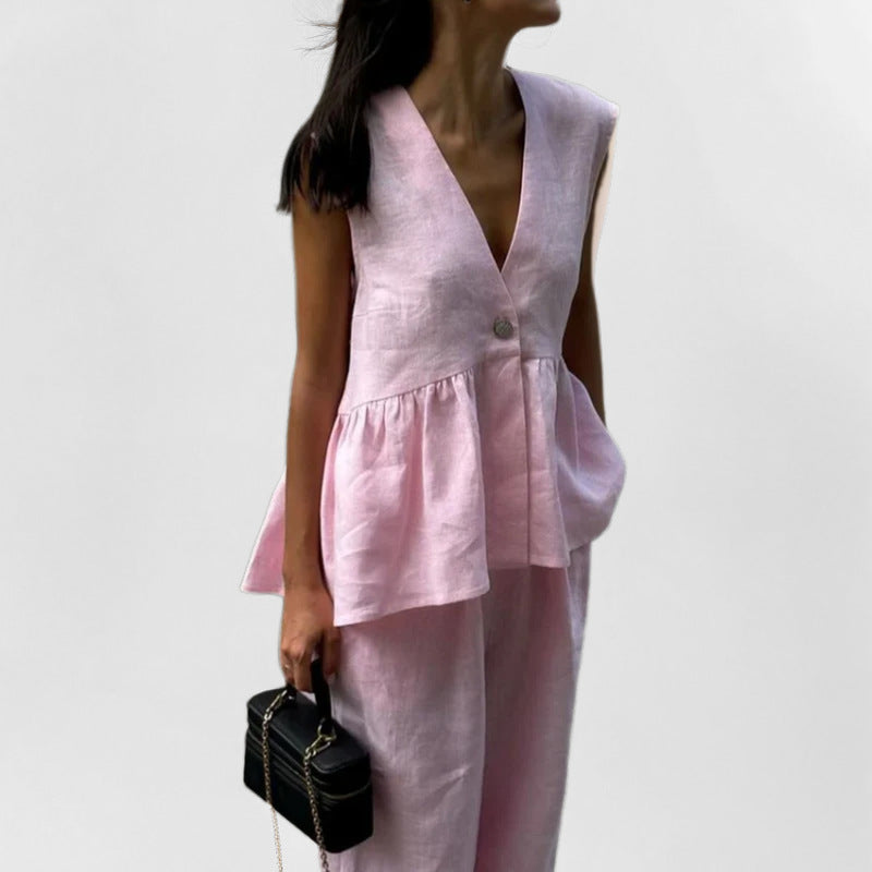 Women’s Vest and Pants Set – Linen Blend – V-Neck Peplum Vest – High-Waist Wide-Leg Pants