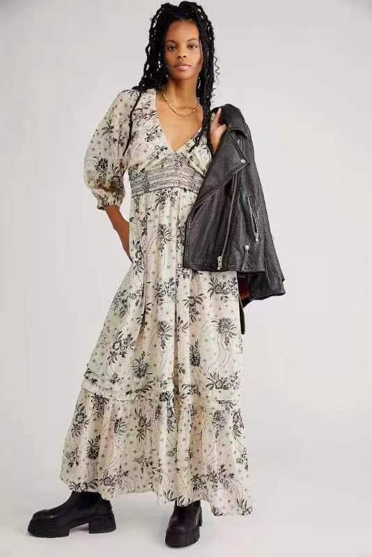 Women's Maxi Dress - V-Neck - Puff Sleeve - Tiered Skirt - Floral Boho Style