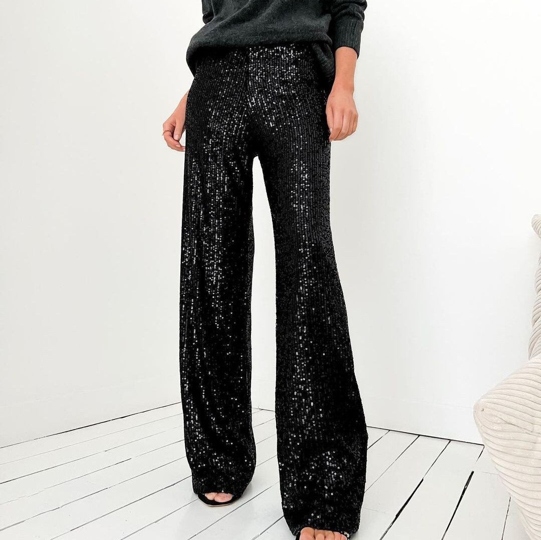 Women’s Straight-Leg Pants – Sequin Embellished – Relaxed Fit – Full Length Evening Wear