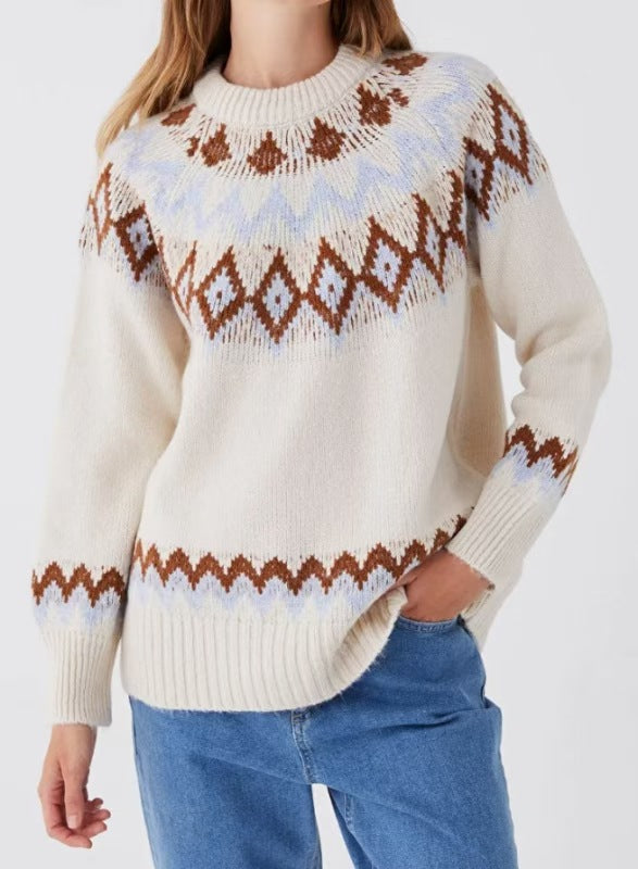 Women’s Cozy Fair Isle Sweater – Soft Knit – Winter Pattern – Classic Crew Neck