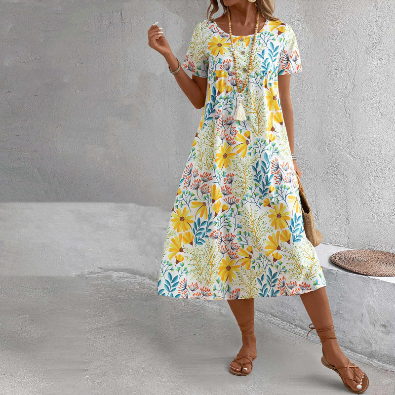 Grace - yellow pocket floral print short sleeve dress