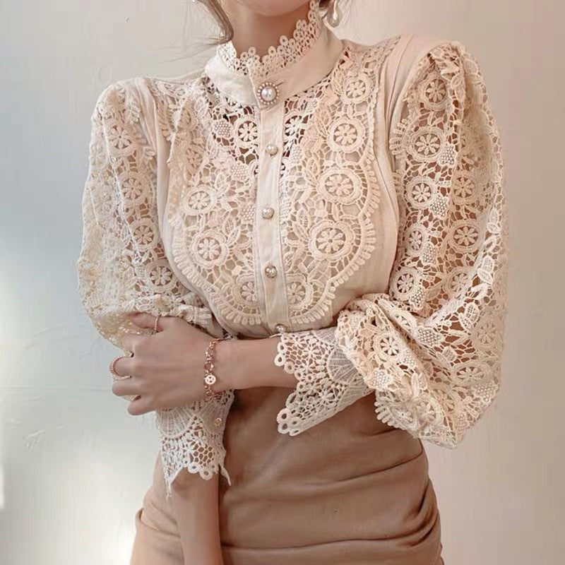 Florence - Lace Hollow Flower Long Sleeve Blouse