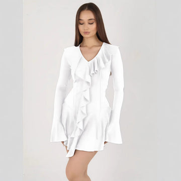Women’s Mini Dress – Slim Fit – V-Neck – Ruffle Front – Bell Sleeves – Flared Skirt