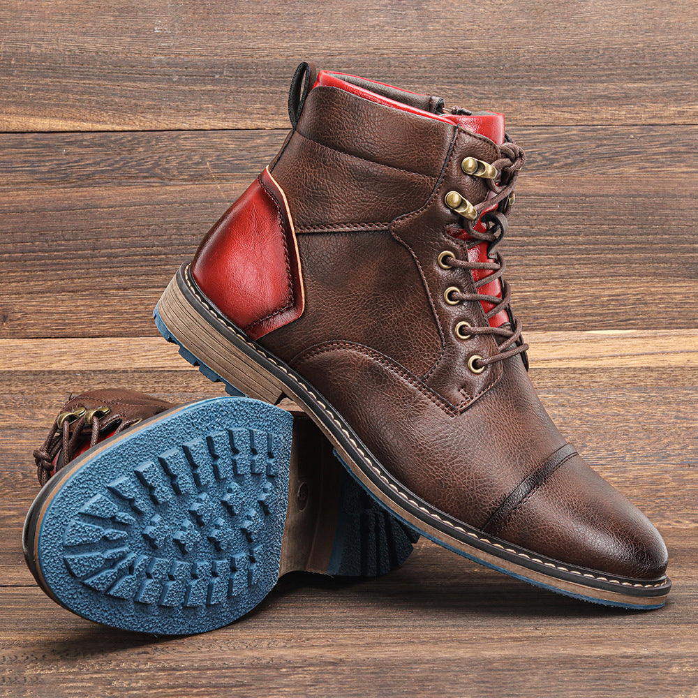 Men’s Boots - Leather - High-Top - Cap Toe - Lace-Up - Side Zipper - Padded Collar