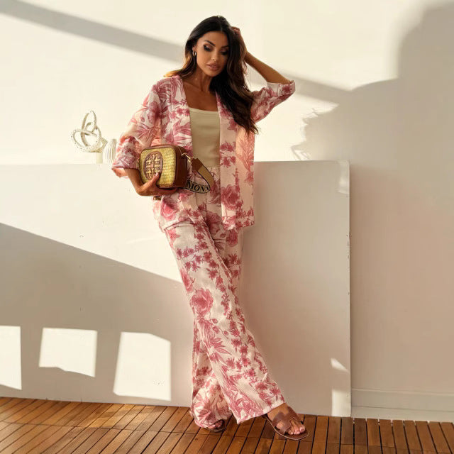 Women’s Two-Piece Set – Relaxed Fit – 3/4 Sleeve Open Front Top – Full-Length Pants with Pockets