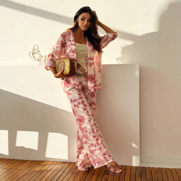 Women’s Two-Piece Set – Relaxed Fit – 3/4 Sleeve Open Front Top – Full-Length Pants with Pockets