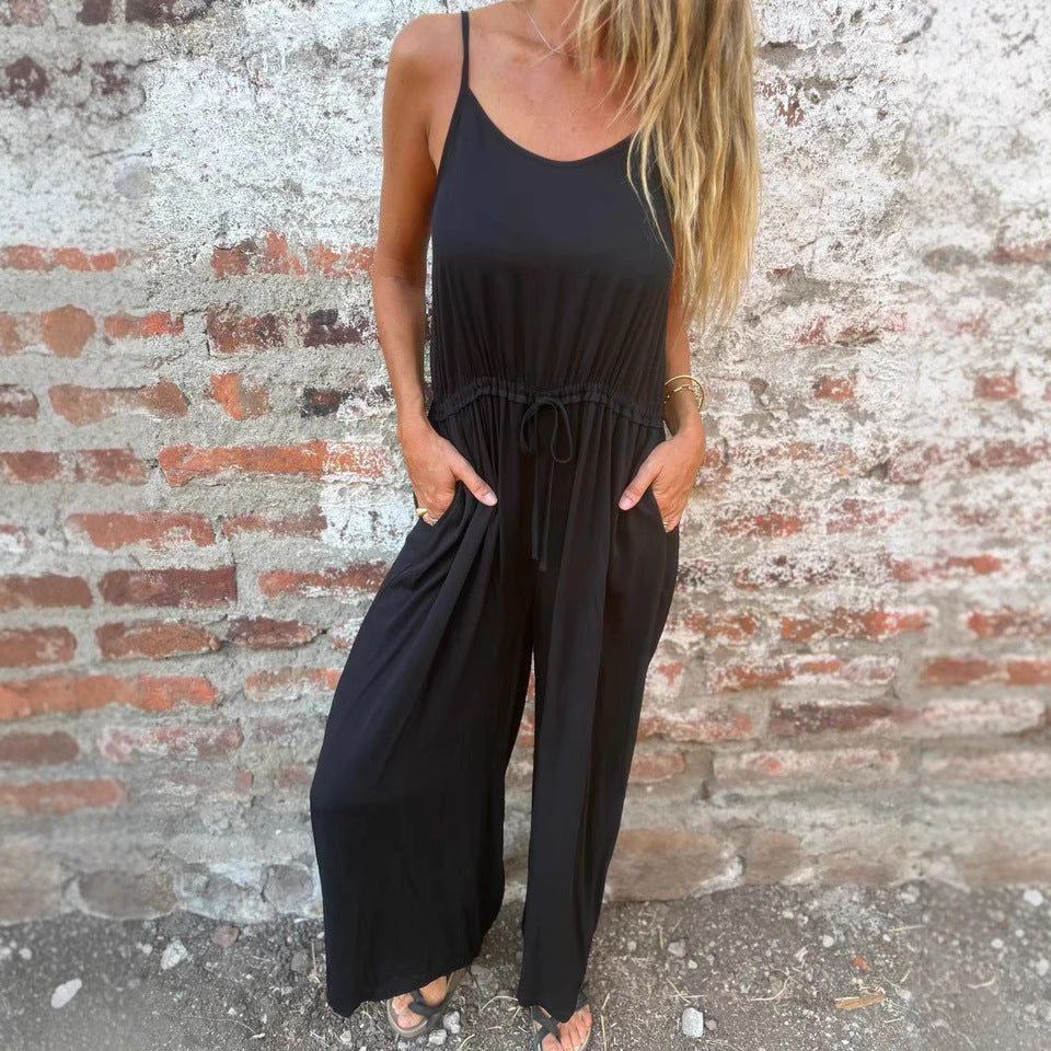 Women’s Jumpsuit – Relaxed Fit – Wide Leg – Sleeveless – Adjustable Drawstring Waist