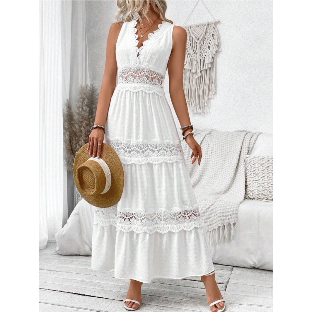 Women's Dress - Maxi Length - Sleeveless - Lace Panel - Boho Style