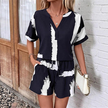 Women’s Two-Piece Set – V-Neck Top and Mid-Thigh Shorts – Relaxed Fit Breathable Fabric