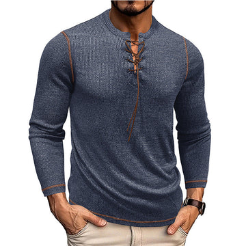 Men’s Long Sleeve Shirt – Slim Fit – Knit Texture – Lace-Up Neck – Casual Style
