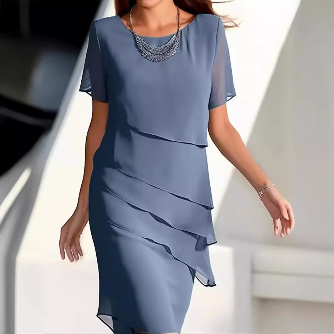 Women's Elegant Layered Dress - Short Sleeves - Flattering A-Line Silhouette