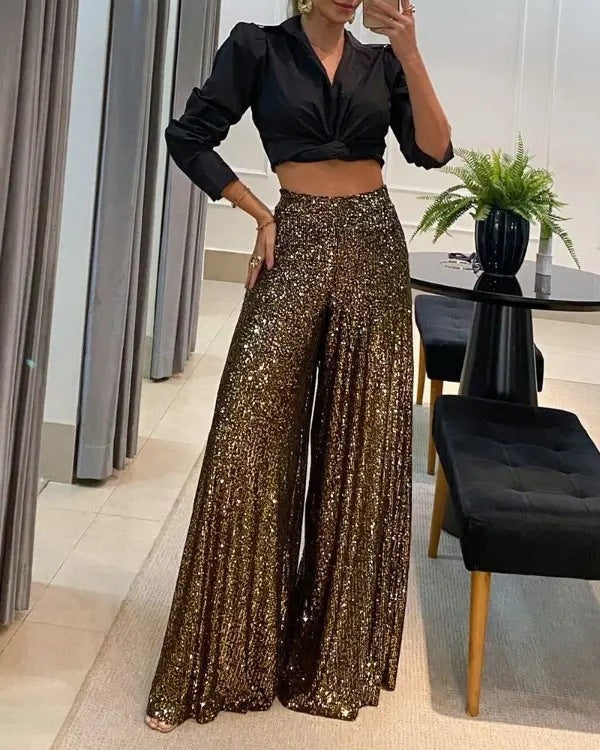 Ophelia - sequins party loose mid waist wide leg pants