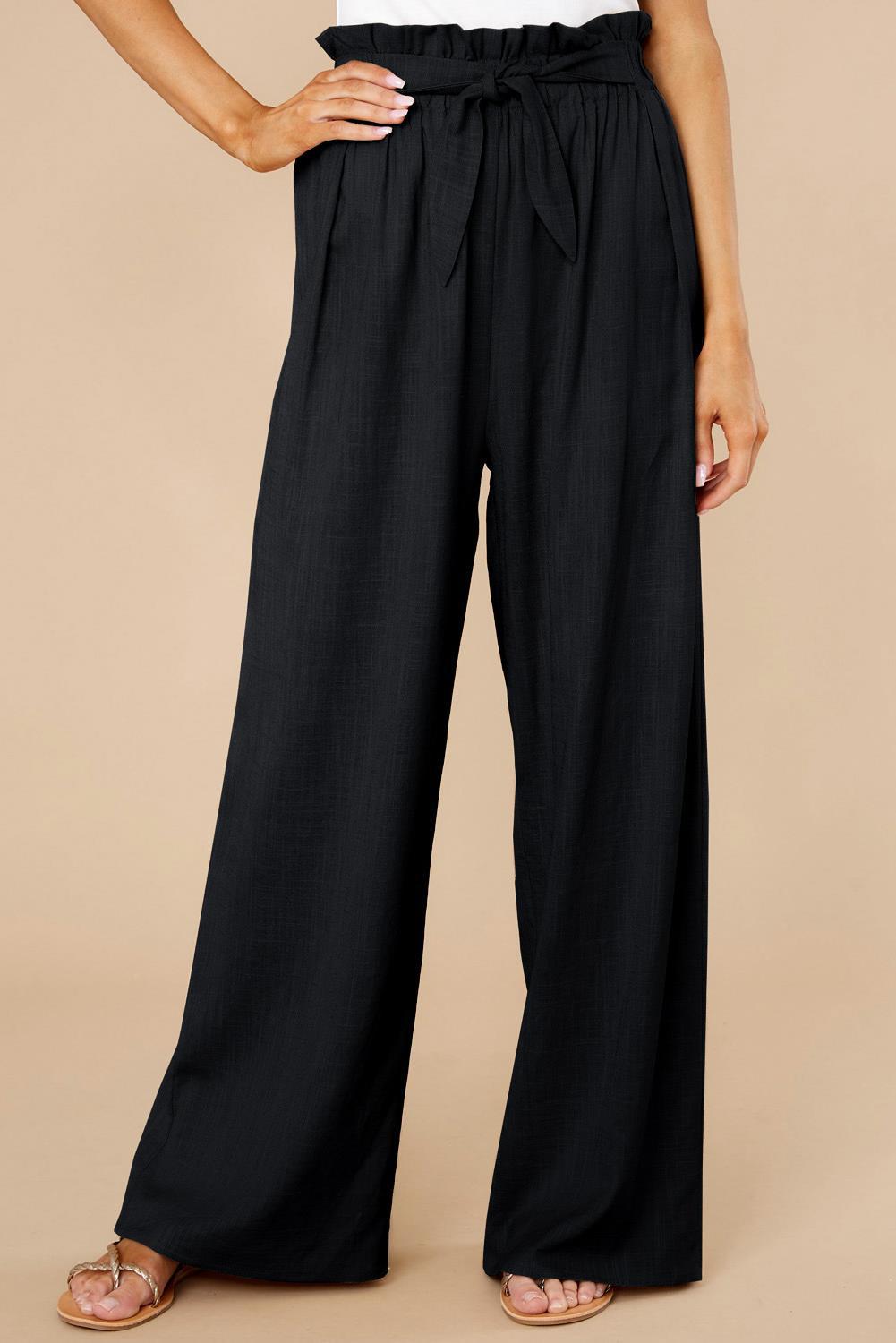 Women’s Wide-Leg Pants – Cotton Linen Blend – High Waist – Elastic Tie Belt