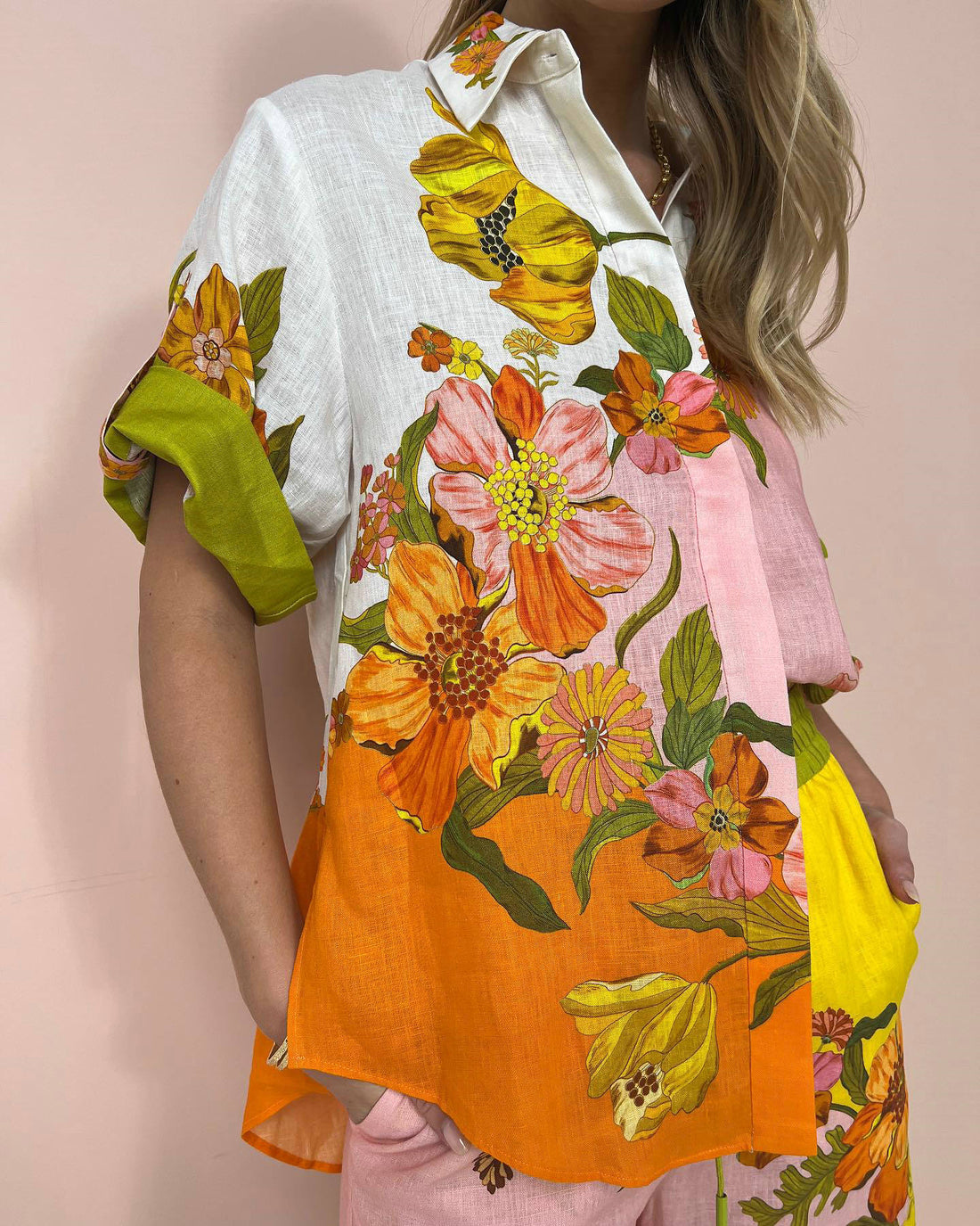 Women’s Two Piece Set - Short Sleeve Shirt - Wide Leg Pants - Floral Print - Button Down