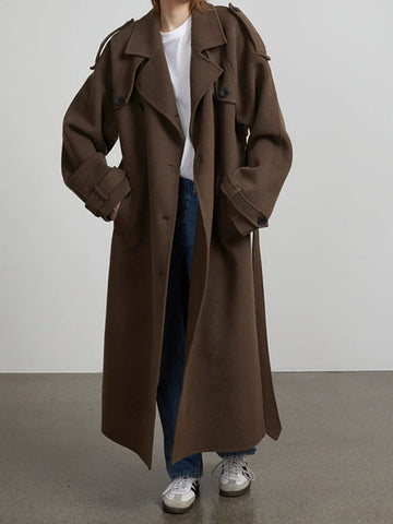 Women’s Trench Coat – Oversized Relaxed Fit – Wool Feel – Double-Breasted – Full Length