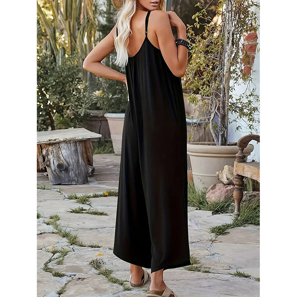 Women’s Jumpsuit – Relaxed Fit – Spaghetti Straps – Wide Leg – Cotton Blend – Pockets