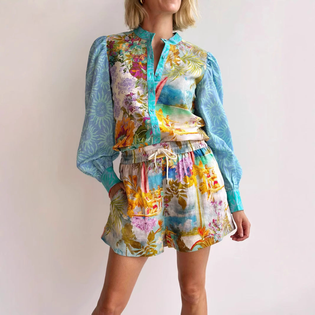 Women’s Linen Shorts Set – Relaxed Fit – Button-Up Shirt – Drawstring Waist – Casual Wear