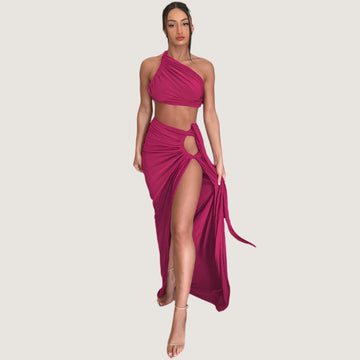 Women's Backless Tube Top Slim Fit Slit Skirt Set - Elegant Wrap Style