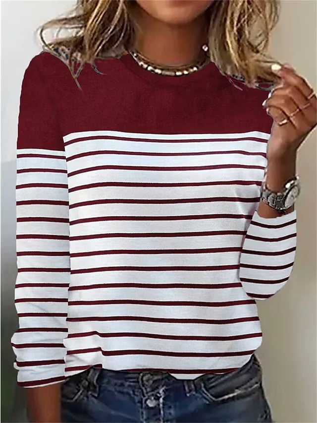 Women’s Long Sleeve T-Shirt – Cotton Blend – Casual Fit – Round Neck Striped Design