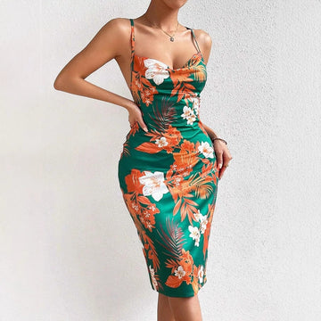 Women’s Midi Dress – Fitted Silhouette – Scoop Neck – Spaghetti Straps – Floral Print