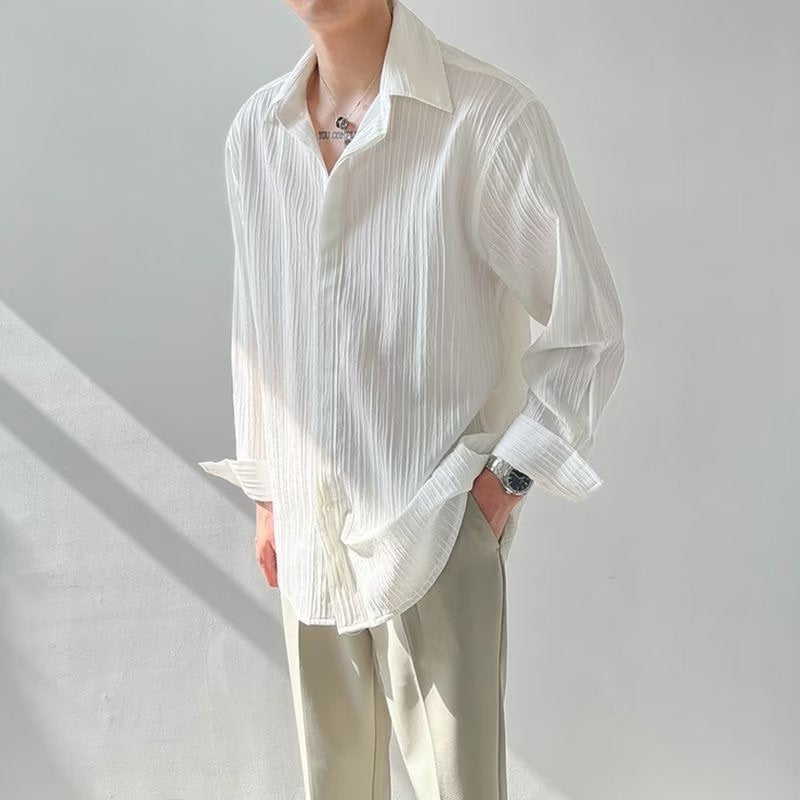 Unisex Long Sleeve Shirt – Crinkle Textured Fabric – Oversized Fit – Button Down