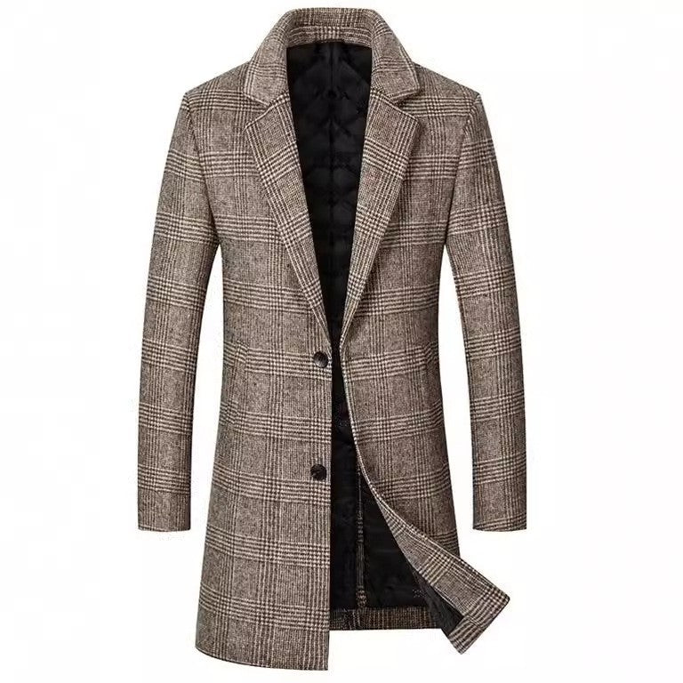 Men’s Overcoat – Slim Fit – Wool Blend – Plaid Pattern – Quilted Lining – Mid-Length
