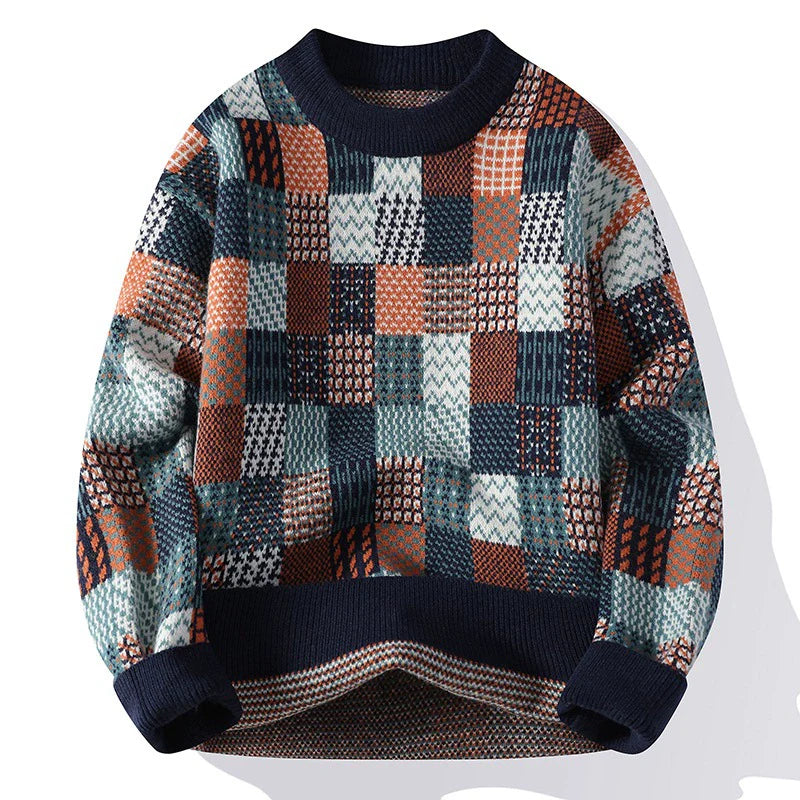 Men’s Pullover Sweater – Relaxed Fit – Wool Blend Knit – Checkerboard Patchwork Design