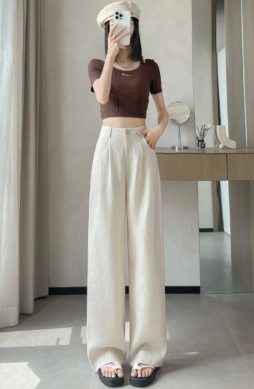 Solid color wide leg linen pants for women