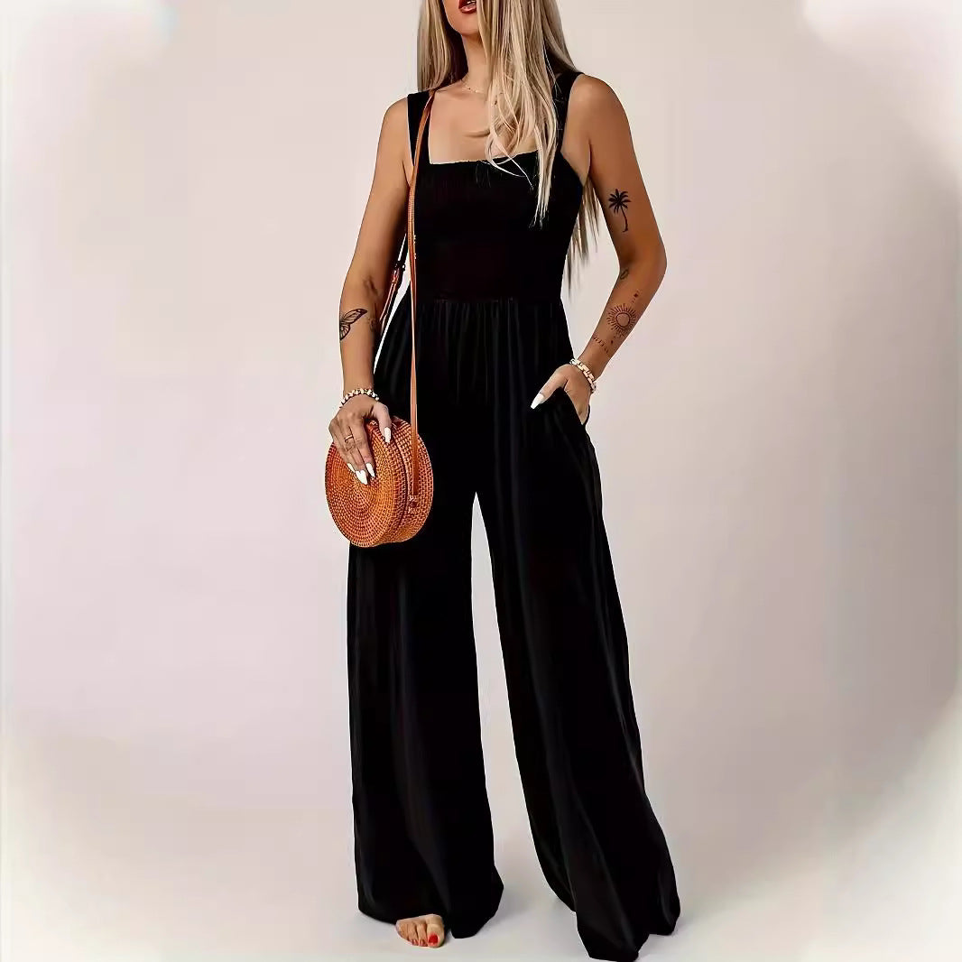 Women's Jumpsuit - Sleeveless Wide Leg - Smocked Bodice - Casual Summer Outfit