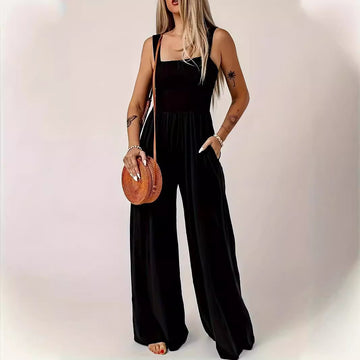 Women's Jumpsuit - Sleeveless Wide Leg - Smocked Bodice - Casual Summer Outfit