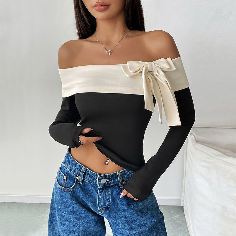 Women’s Crop Top – Off-Shoulder Slim Fit – Long Sleeve – Stretch Fabric – Bow Accent