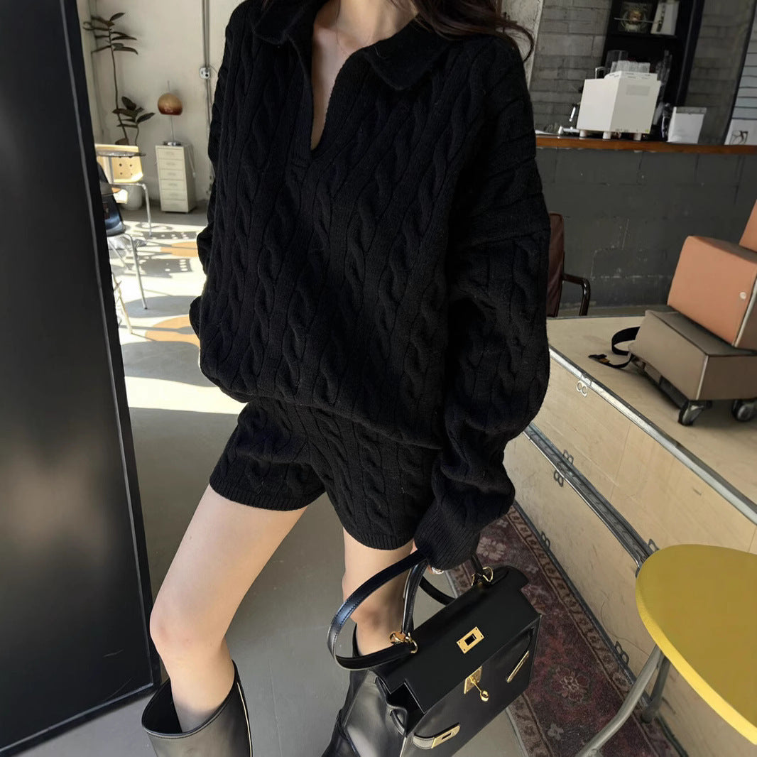 Women’s Two-Piece Set Pullover Sweater  – Wool Blend – Cable Knit – High Collar – Relaxed Fit – Long Sleeve