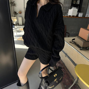 Women’s Two-Piece Set Pullover Sweater  – Wool Blend – Cable Knit – High Collar – Relaxed Fit – Long Sleeve