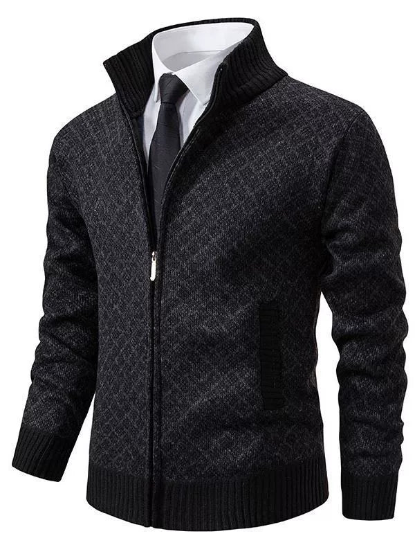Men’s Cardigan Sweater – Fitted Knit – Zip Front – Stand Collar – Ribbed Cuffs Hem