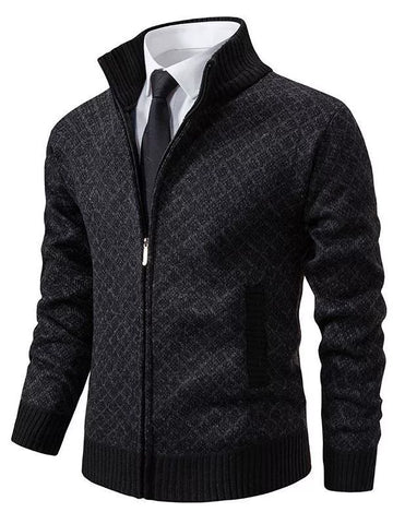 Men’s Cardigan Sweater – Fitted Knit – Zip Front – Stand Collar – Ribbed Cuffs Hem