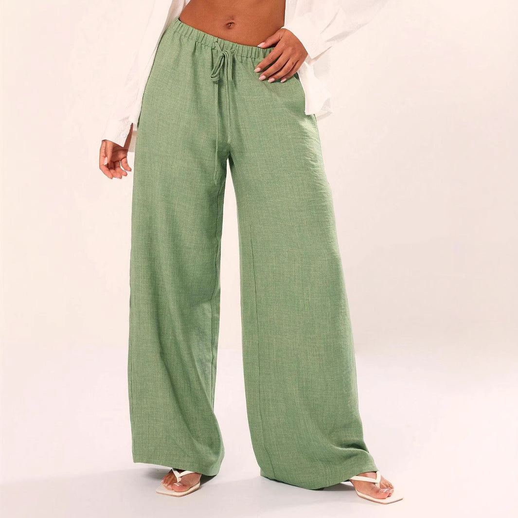 Women’s Wide-Leg Pants – Linen Blend – Drawstring Waist – Relaxed Full-Length Fit