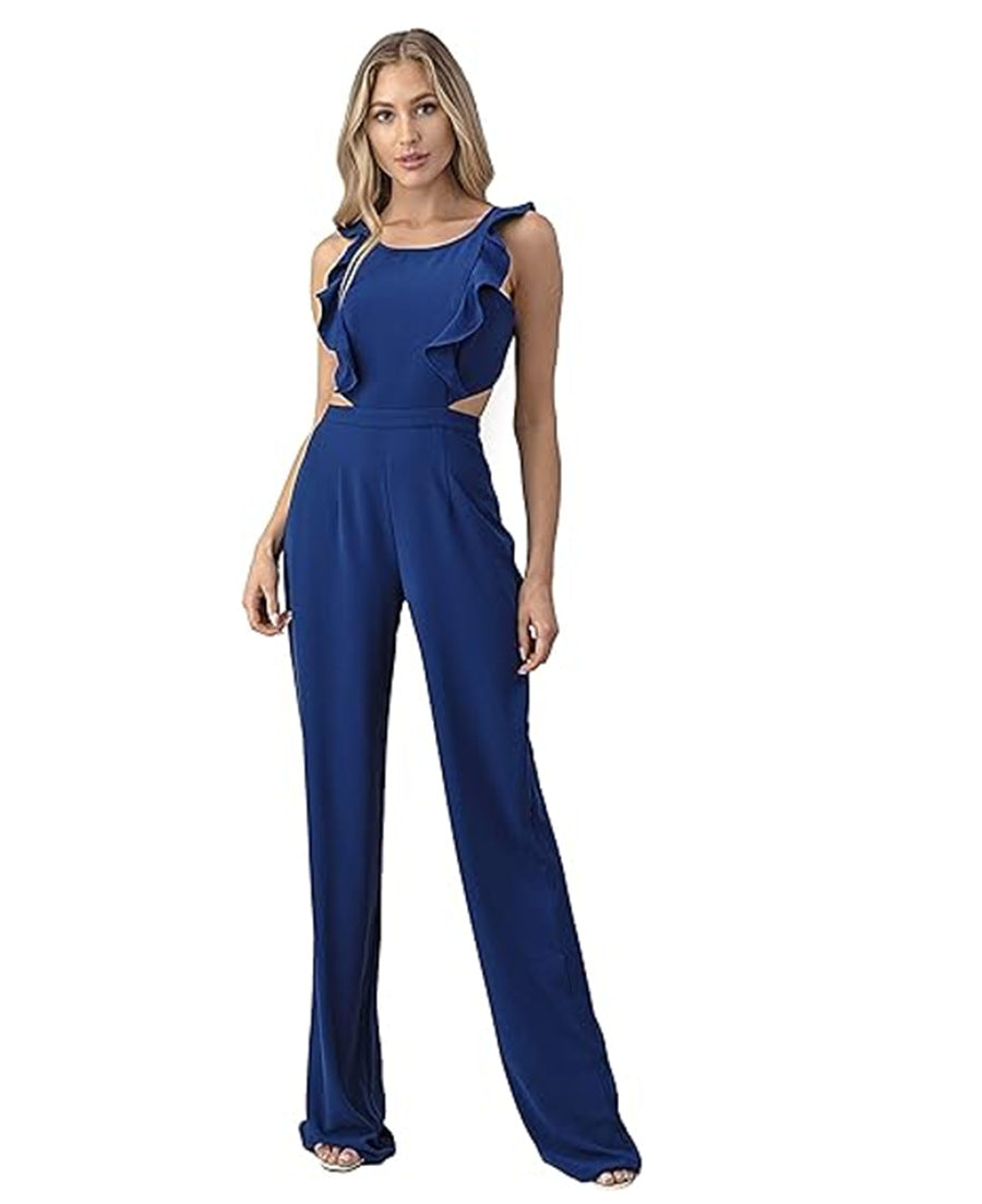 Women’s Jumpsuit – Sleeveless Fitted Top – High Waist – Wide Leg – Ruffle Trim – Cut-Out Waist